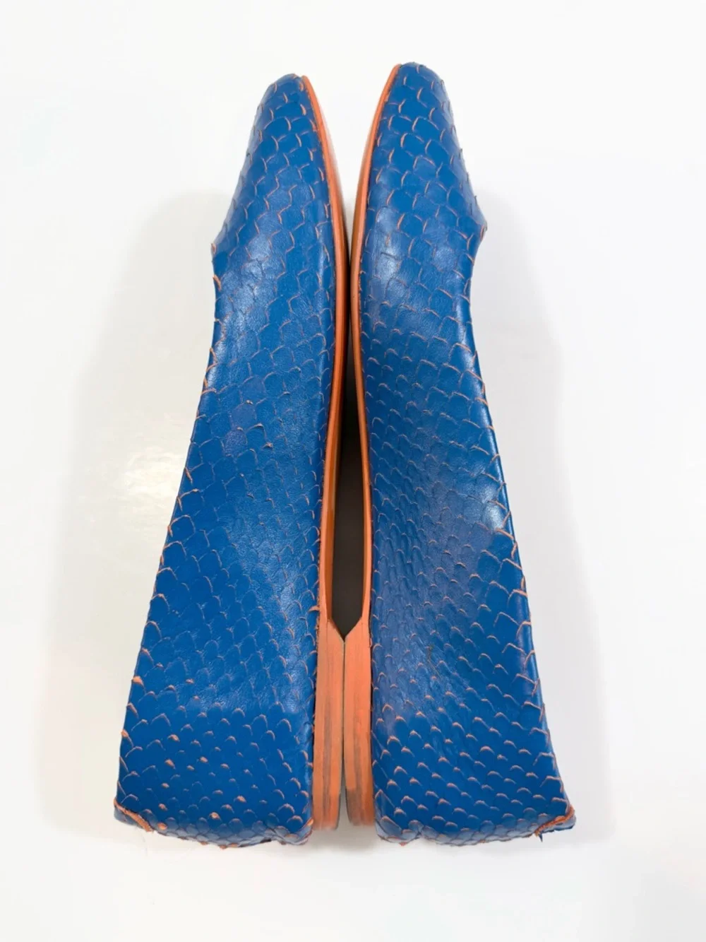 John Fluevog Blue Ballet Flats 6.5 Travel Vogs Embossed Croc Reptile Leather